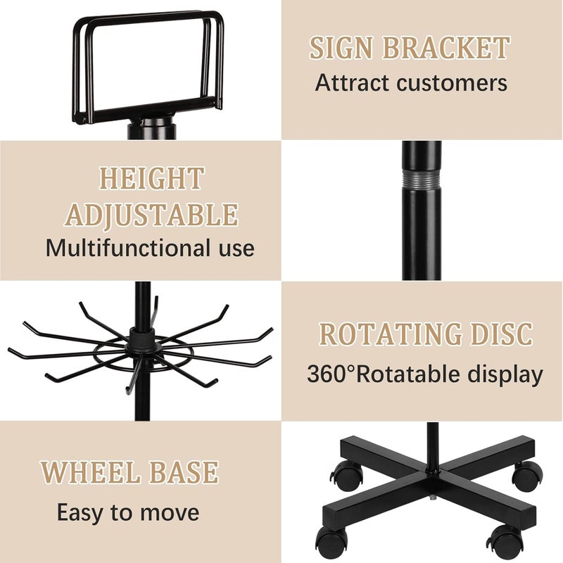 Exttlliy 5-Tier Metal Spinning Display Stand Rack with Wheels, Black Iron, 50 Hooks, Lockable Wheels, Ideal for Jewelry, Accessories, Foods - Image 4